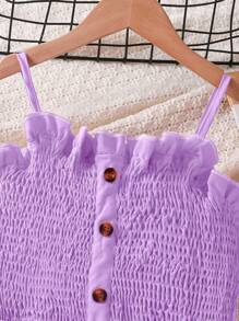 Elladie kids 女童黑色荷叶边细肩带上衣，搭配蝴蝶结腰带中腰裤 - 紫色 - 查看 3