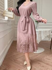 DAZY Váy midi cổ chữ V ren chắp vá thanh lịch, dành cho khách dự tiệc cưới, trang phục thanh lịch, váy dài tay mùa thu, váy dạ hội - Hồng - Xem 8