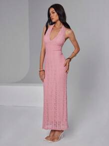 Roylia Women's Elegant V-Neck Backless Tie Knitted Dress - Hot Pink - View 3
