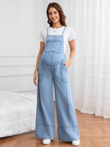 SHEIN 孕妇休闲洗水牛仔背带裤 - 淺色水洗藍 - 查看 3