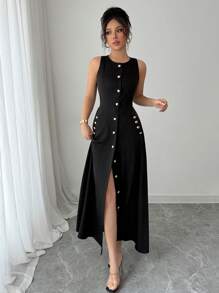 Elenzga Vestido casual de longitud media, de un solo pecho, con bolsillos y sin mangas, de color liso para mujeres