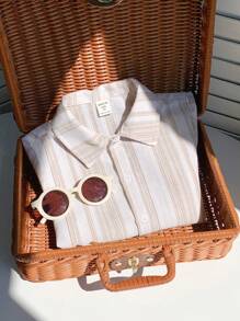 SHEIN LMoss Kids Young Boys' Casual Apricot Texture Jacquard Shirt, Collared Short Sleeve Cardigan, Suitable For Home, Outing, School, Travel And Vacation In Spring/Summer - Khaki - View 4