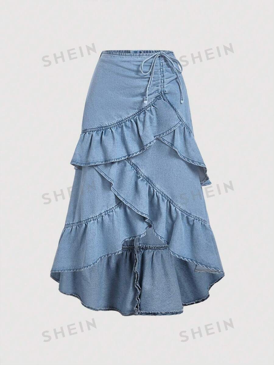 SHEIN MOD Falda vaquera casual de mujer con recortes de volantes y cordón