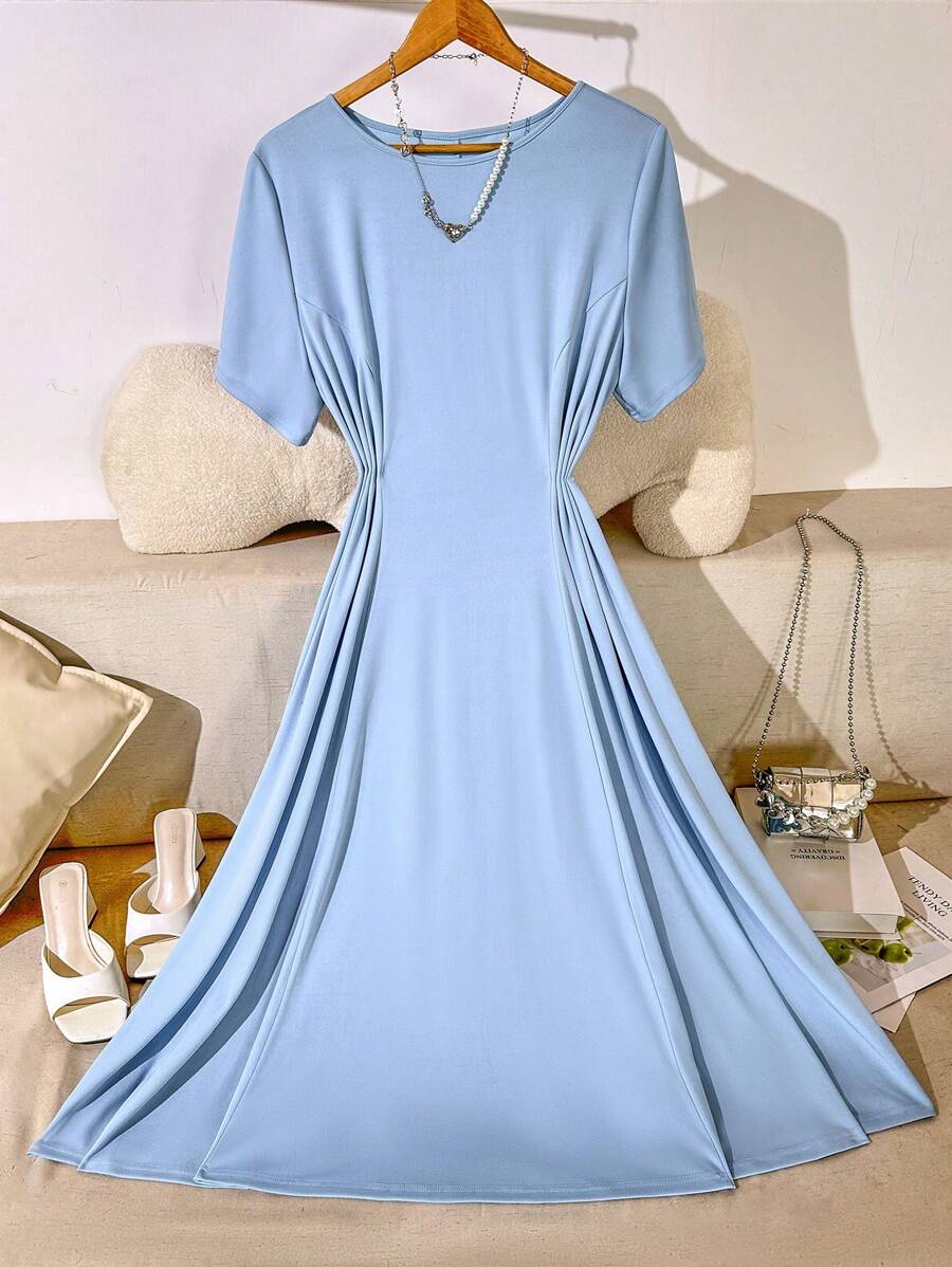 Flirla Plus Size Women Elegant Crew Neck Short Sleeve Minimalist Charming Date/Casual Cinched Waist Dress, Summer - Blue - View 1