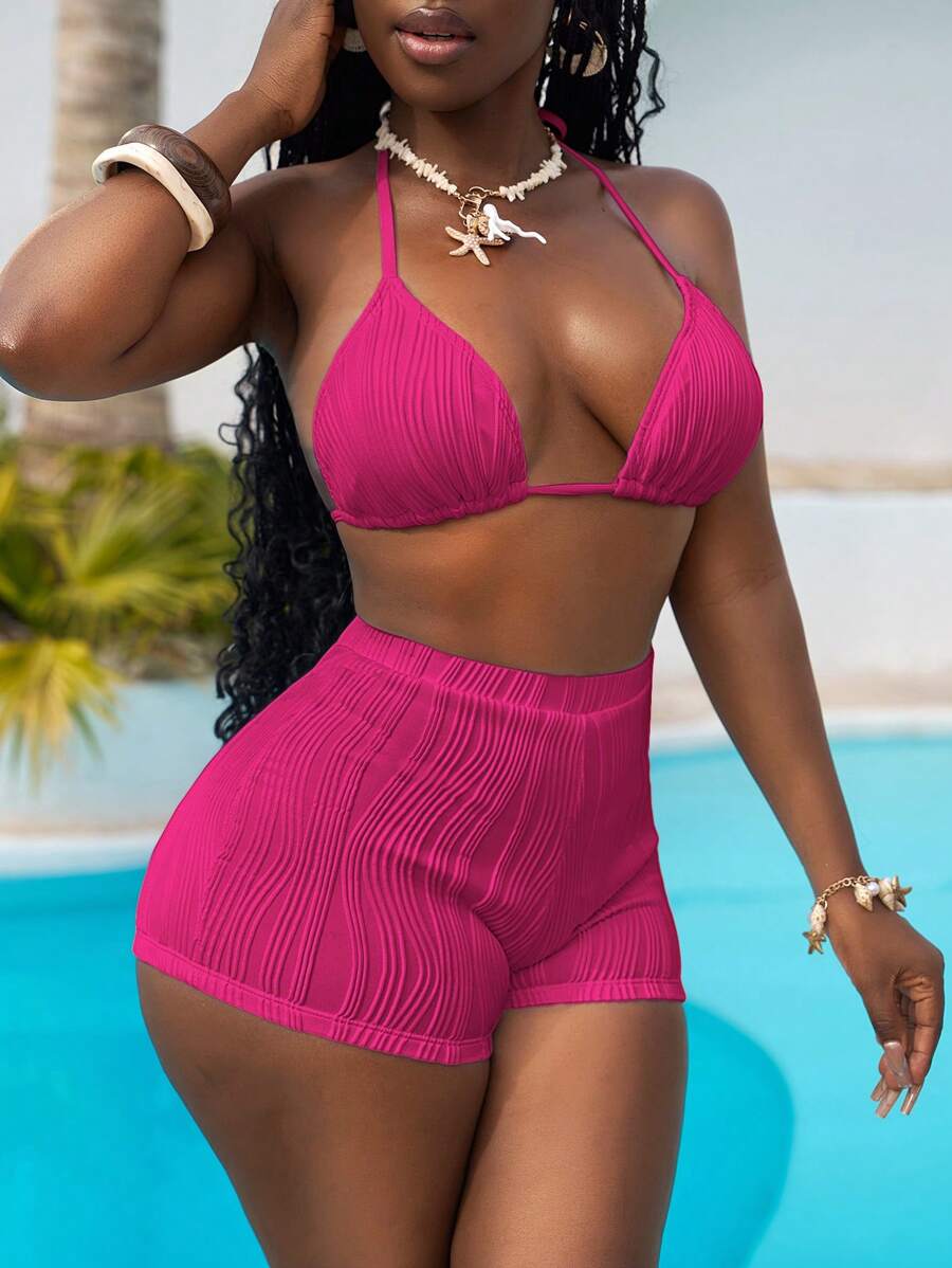 Slaydiva Bộ bikini 2 món: Áo ngực tam giác buộc dây và quần short, Đồ bơi đi biển thời trang mùa hè - Màu Hồng Tươi - Xem 1