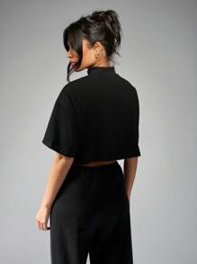 Missguided x Playboy Boxy Cropped T-Shirt Rhinestone Bunny Logo Streetwear Fashion Statement Casual Top Party Club Wear Urban Style - Black - View 2