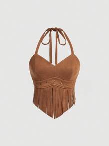 SHEIN MOD Plus Size Women Vintage Hippie Rivet Fringe Brown Suede A-Line Skirt, Nashville Costume, Pirate Skirt, Vintage Brown Suede Fringe Sleeveless Top, Music Festival, Set,Western Wear Women