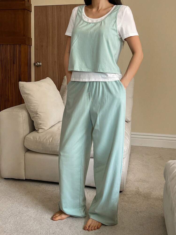 3-Piece Women Casual Camisole, T-Shirt & Pants Loungewear Set Pajama