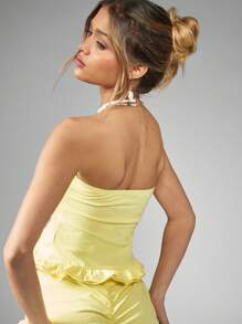 MISSGUIDED Summer Co-Ord Set Ruffled Bandeau Crop Top With Cut-Out Detail Mini Skirt Beach Party Festival Holiday Resort Wear Two Piece Set - Yellow - View 7