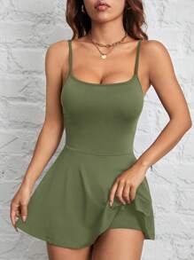 SHEIN PETITE Women's Sling A Hem Solid Color Pocketable Sports And Leisure Daily Anti-Exposure One-Piece Culottes - Army Green - View 5