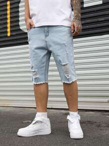 Manfinity Homme Plus Size Men's Pocketed Distressed Raw Hem Casual Versatile Denim Shorts - Light Wash - View 6