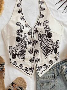 Soleia Apricot Base Black Flower Embroidery Halter Neck Bow Backless Cropped Tank Top, Suitable For Music Festivals - Multicolor - View 7