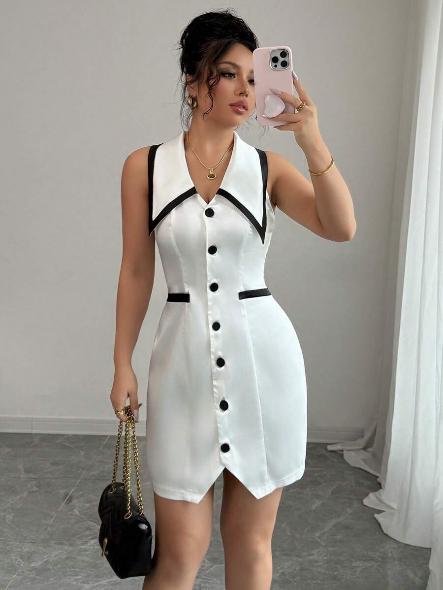 Elenzga Robe élégante pour femmes avec fermeture à boutons et garniture contrastée sans manches