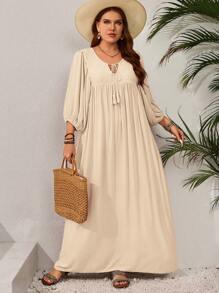 EMERY ROSE Plus Size Solid Color Long Sleeve Dress, Fashion For Summer - Apricot - View 6