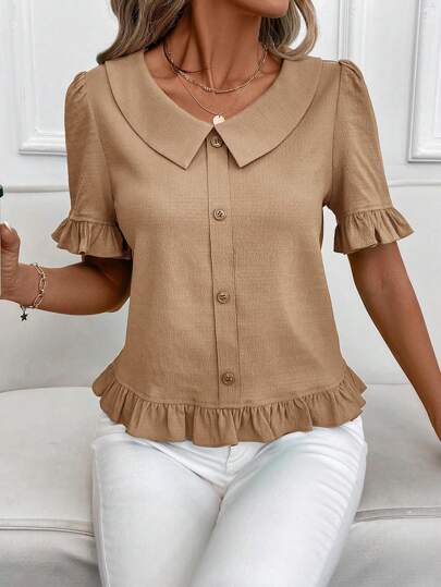 SHEIN Clasi Kvinnor Enfärgad främre knapp med kort ärm Casual Top Blus, Vardagskläder, Gå ut Toppar, Sommar för kvinnor