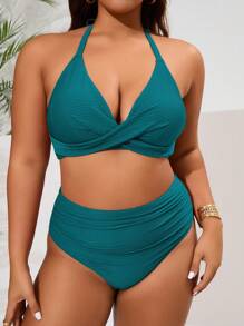 Slaydiva 2 件套加大码女式纯色细肩带比基尼泳衣 - 水鴨藍 - 查看 5