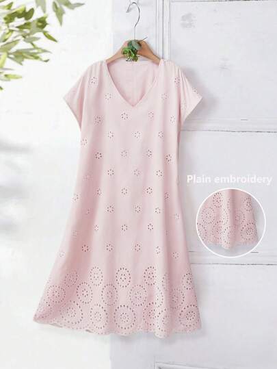 Rusticease Plus Size Women's Embroidery Embellished V Neck Short Sleeve Midi Dress Pink Dress Country Vacation Suitable For Spring And Summer Boho Women Clothing  Loose Fit Loose Fit