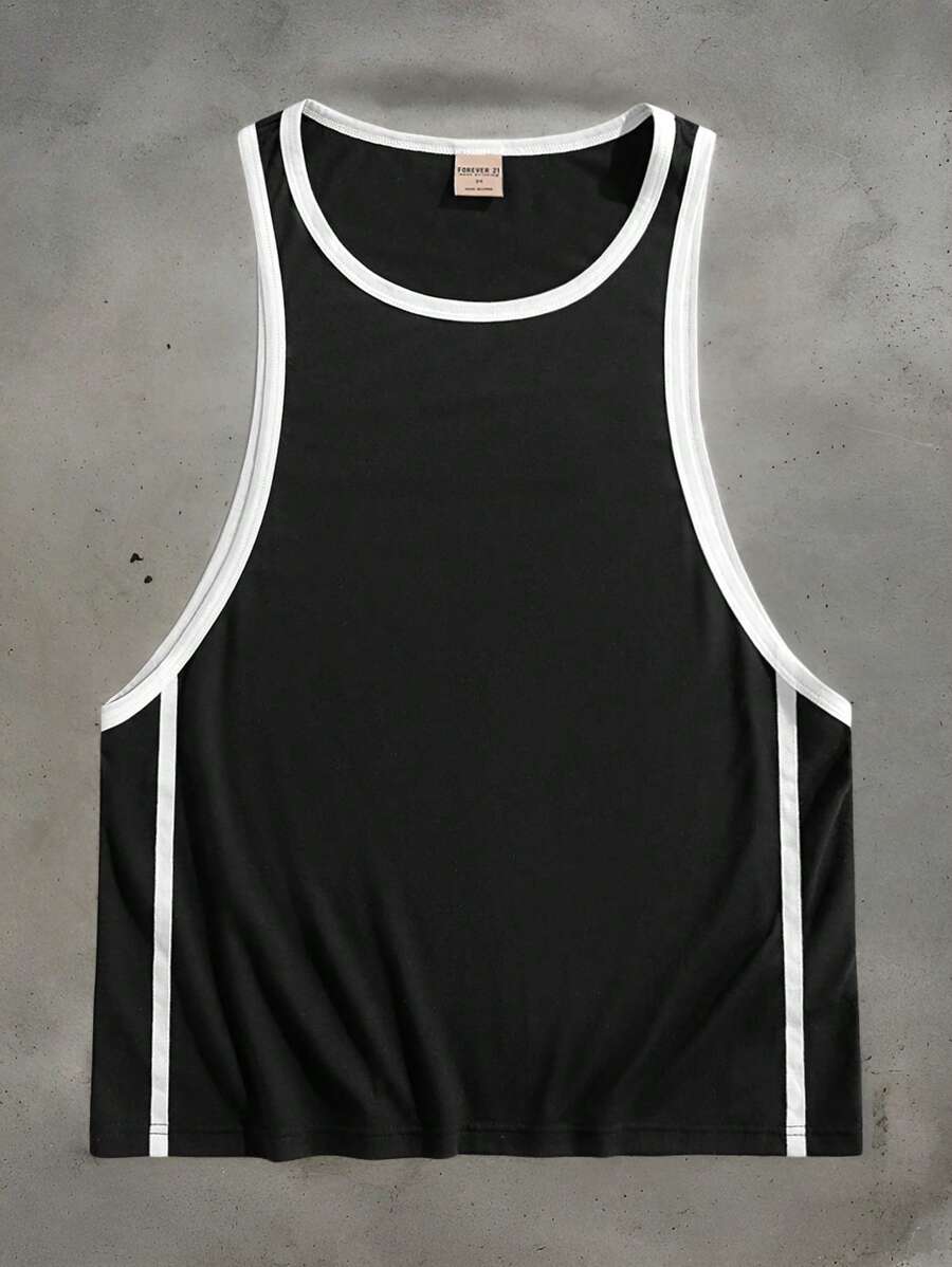 Forever 21 Men's Super Loose Black Athletic Tank Tops; Contrasting Collar + Contrasting Cuffs; Suitable For Spring And Summer Wear - Black - View 1