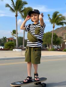 SHEIN 3pcs/Set Toddler Boys' Summer Outfit, Striped Short Sleeve Top With Pocket, Solid Color Shorts With Pocket, Cute Pouch, Casual & Fashionable For Kids, Suitable For Spring/Summer Getaway, Holiday, Travel, Relax, Sunbathing - Multicolor - View 3