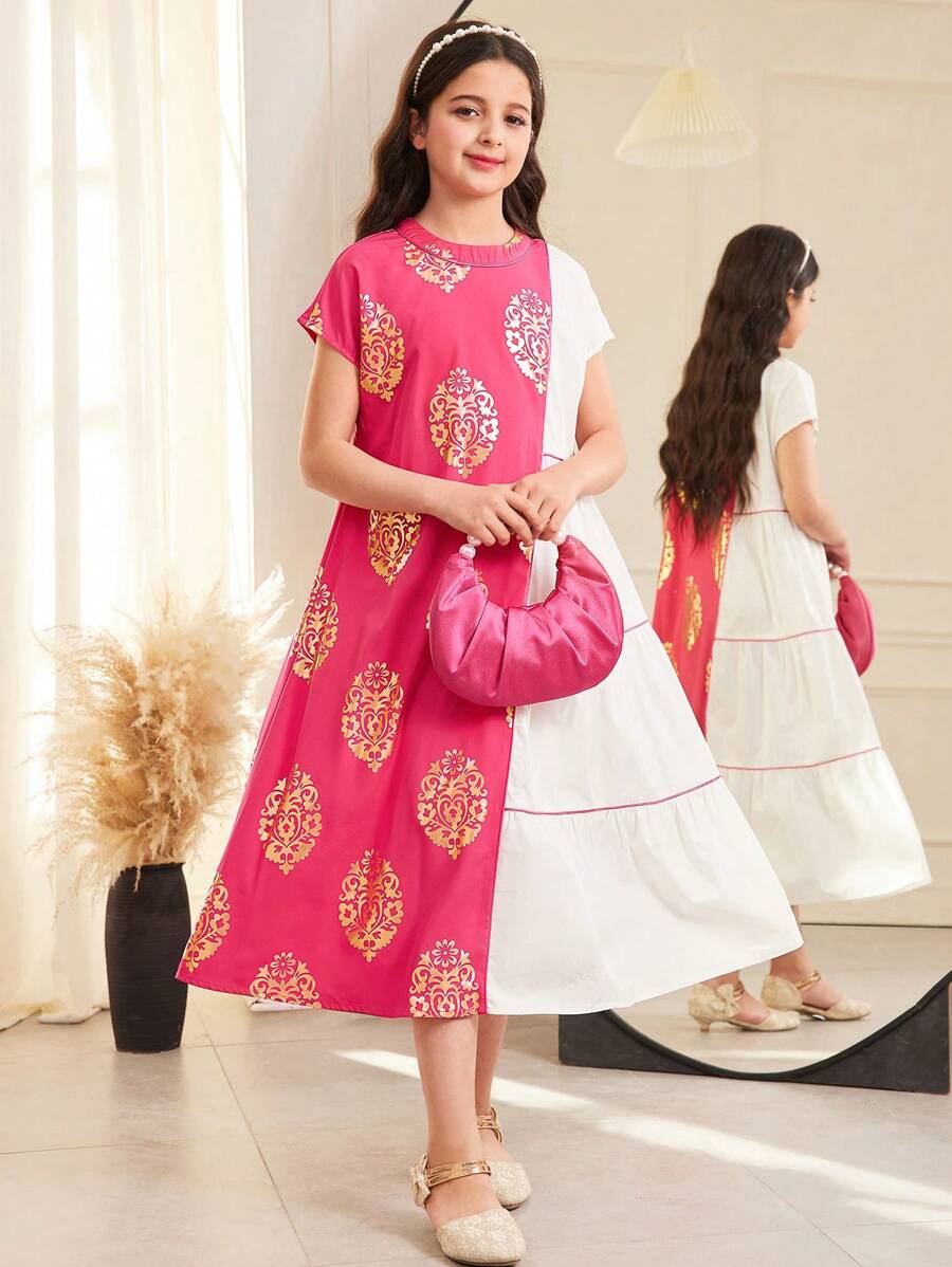 SHEIN Tween Girl Oversized Casual Pattern Foil Print Color Block Layered Round Neck Dress - Pink - View 1