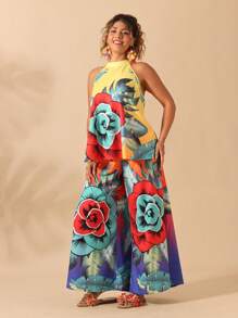 SHEIN Clasi Flowers Birds Women Plus Size Floral Print Halter Cami + Pants 2pcs Set, Vacation - Multicolor - View 7