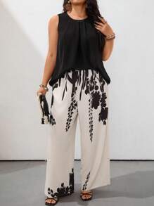 EMERY ROSE 2pcs Ladies' Summer Chiffon Ruffle Front Sleeveless Top And Wide Leg Printed Pants Casual Suit - Black - View 1