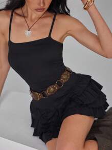 Roylia 3 Layers Ruffle Hem Backless Spaghetti Strap Black Belted Solid Pleated Bust Ruffle Hem Jumpsuit - Black - View 6
