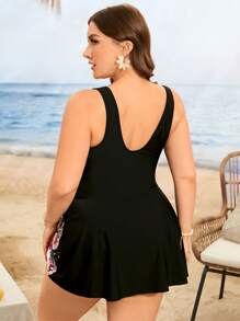 Swim Lushoire 2pcs/Set Plus Size Women Printed Sleeveless Split Swimsuit Set For Holiday & Casual - Multicolor - View 2