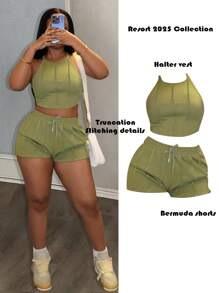 Slaydiva 2025 Spring And Summer New Casual Street Versatile Sports Basic Green Pleated Halter Neck Vest And Wide-Leg Shorts Women's Mini Two-Piece Suit, Suitable For Music Festivals, Easter, Western Nomadic Style, Country Style, Wedding Guests, Daily Travel, Graduation Season, Party Gatherings, Clubs - B,Summer Sets