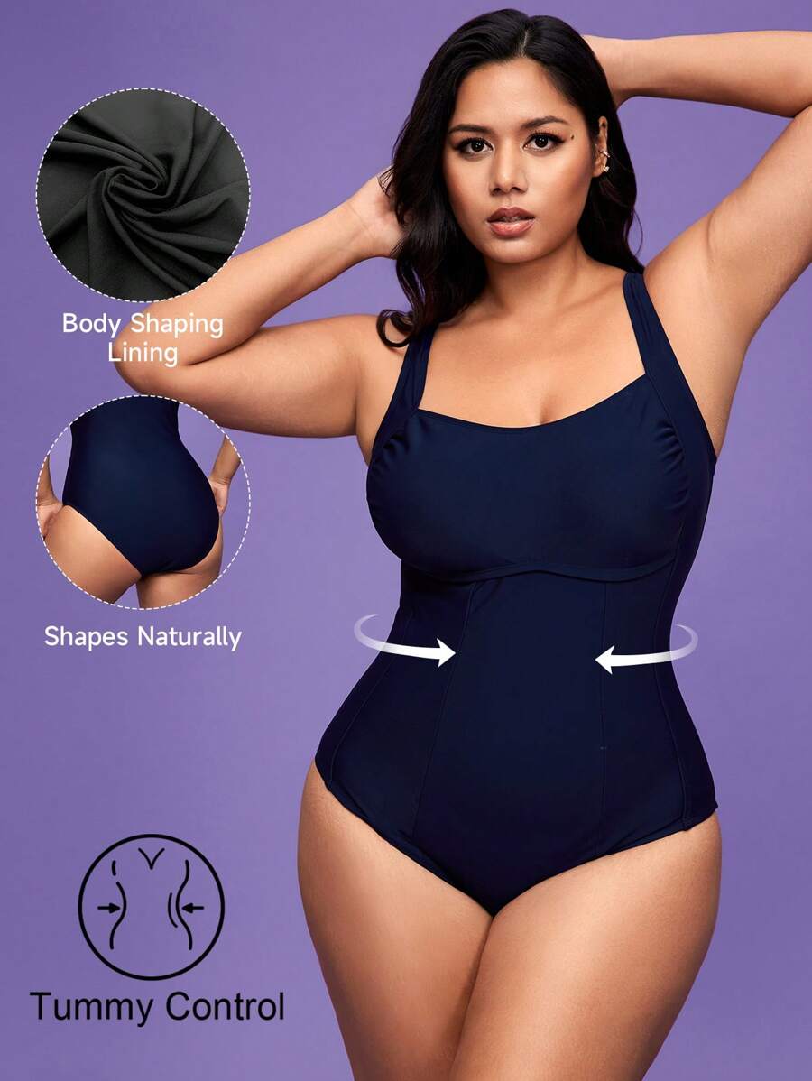 Shapewave Plus Size Women's Solid Color Pleated One-Piece Swimsuit For Summer Beach Vacation - Navy Blue - View 1