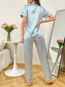 Moireta 女士春夏休闲条纹印花蝴蝶结口袋短袖上衣和裤子睡衣套装、家居服 - 彩色 - 查看 2