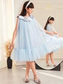 SHEIN Tween Girl Elegant Floral Petal Collar Contrast Mesh Jacquard A-Line Dress - Blue - View 3