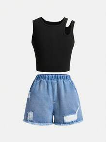 Teen Girl Spaghetti Strap Denim Ripped Shorts 2 Pieces Outfit - Black - View 3