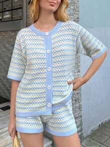 Forever 21 春夏度假休闲彩虹少女清爽蓝色条纹纹理女式开衫 - 彩色 - 查看 6