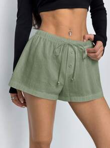 SHEIN PETITE Women's Casual Mini Shorts: Green Woven Fabric Knotted Drawstring Summer Shorts - Green - View 7