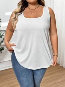 SHEIN CURVE+ Áo thun ba lỗ không tay thời trang rộng rãi thoải mái cho nữ cỡ lớn - trắng - Xem 9
