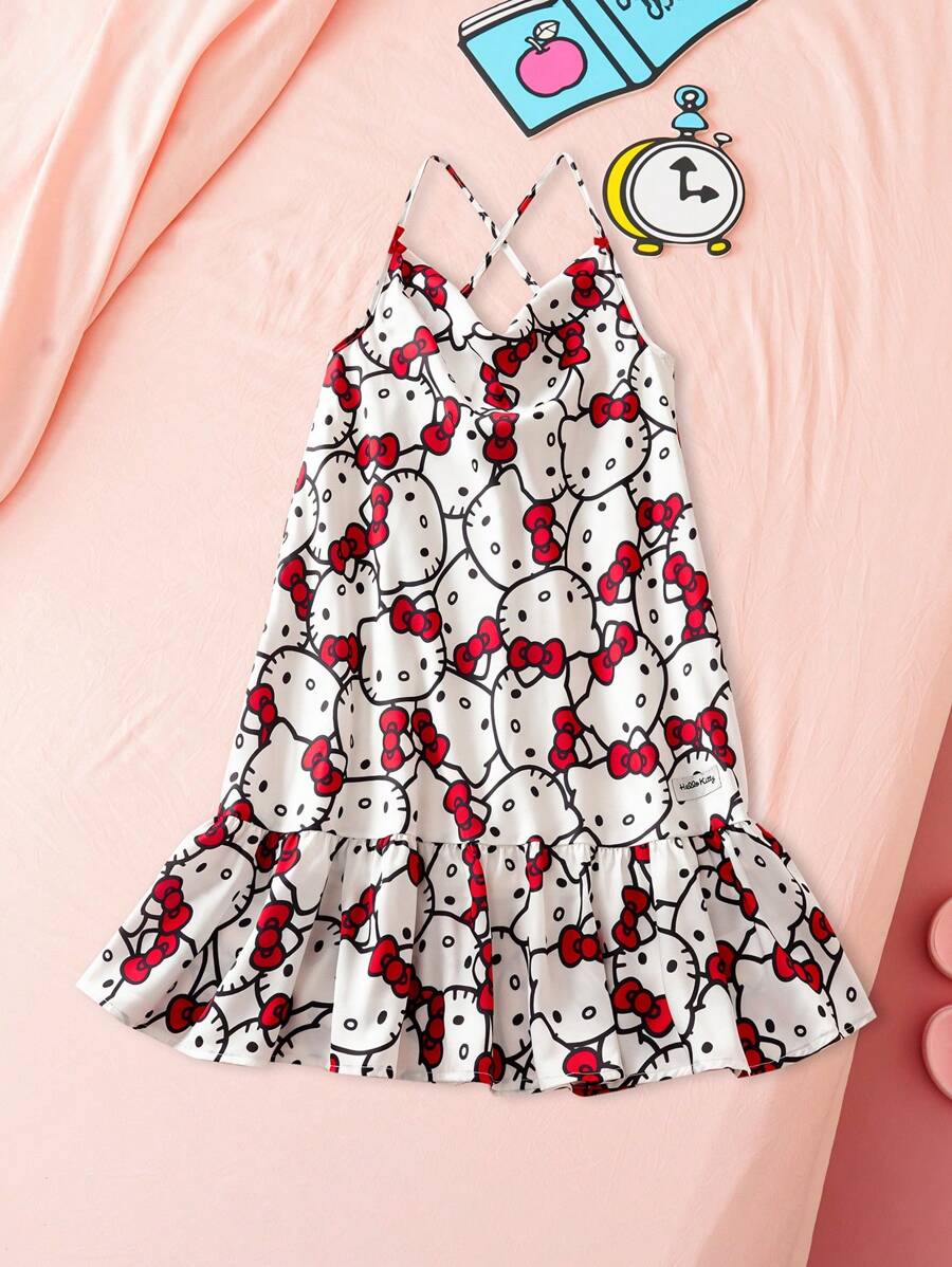 HELLO KITTY AND FRIENDS | SHEIN Tween 女童休闲舒适卡通猫咪印花连身裙 - 紅白色 - 查看 1