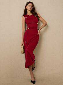 Poéselle Women 3D Flower Decor Crew Neck Sleeveless Bodycon Dress