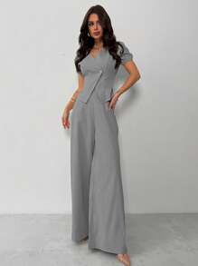 Firerie Lễ hội New Office Commute Lady Casual tay bồng Cardigan bất đối xứng Áo sơ mi cài nút kim loại & Quần ống rộng Bộ đồ cao màu mơ thon gọn - Xám - Xem 1