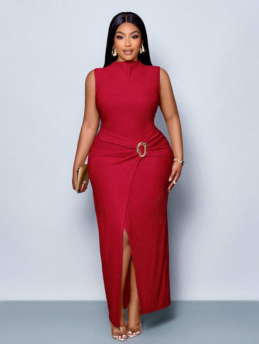 SOLERSUN 女士优雅纯色无袖立领扭花连衣裙，适合圣诞派对度假和约会和情人节约会 - 紅色 - 查看 1