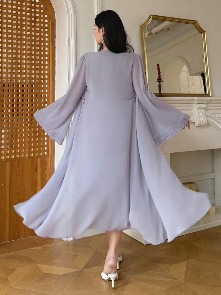 2pcs/Set Women Patchwork Sleeveless Long Cover Up & Dress,Ruffle