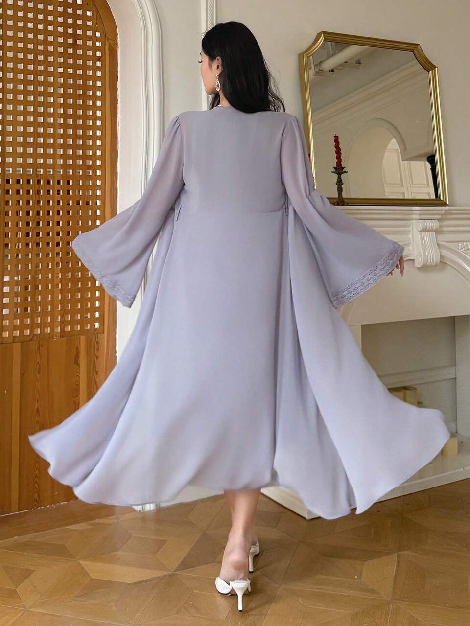 2pcs/Set Women Patchwork Sleeveless Long Cover Up & Dress,Ruffle