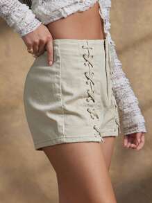 WESTFADE High Rise Western Cowgirl Lace Up Fitted Stretch Twill Shorts Spring Break Summer Beach Vacation - Apricot - View 5