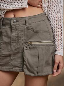 WESTFADE Low Rise Utility Cargo Pocket Stretch Twill Mini Skirt Spring Break Summer Vacation - Olive Green - View 2