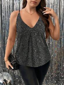 SHEIN Unity Plus Size Women Solid Color Sequin Decor Loose Camisole For Holiday Party Clothes - Black - View 6