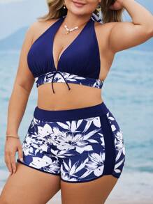 Swim SPRTY 2pcs Plus Size Women Assorted Print Halter Tie-Front Split Tankini Swimsuit, Casual Summer Beach Wear - Multicolor - View 5