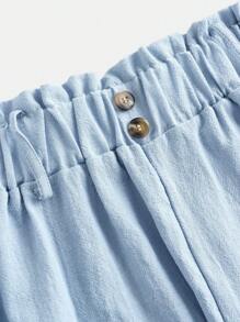 Girlism 少女蓝灰色纯色休闲短裤，纸袋腰纽扣细节，春夏季，适合休闲度假、节日、午餐、音乐节