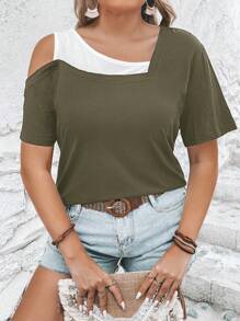 EMERY ROSE Plus Size Women Asymmetric Contrast Color Short Sleeve Casual T-Shirt - Army Green - View 1