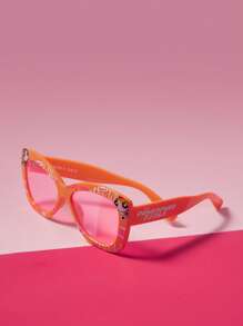 THE POWERPUFF GIRLS X SHEIN Red Personalized Large Frame Fashion Glasses With Blossom And Letter Print - Orange - View 3