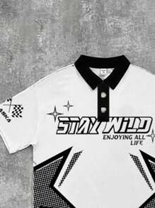 SHEIN Teen Boy Casual Minimalist Letter Graphic Loose Drop Shoulder POLO Shirt, Suitable For Summer